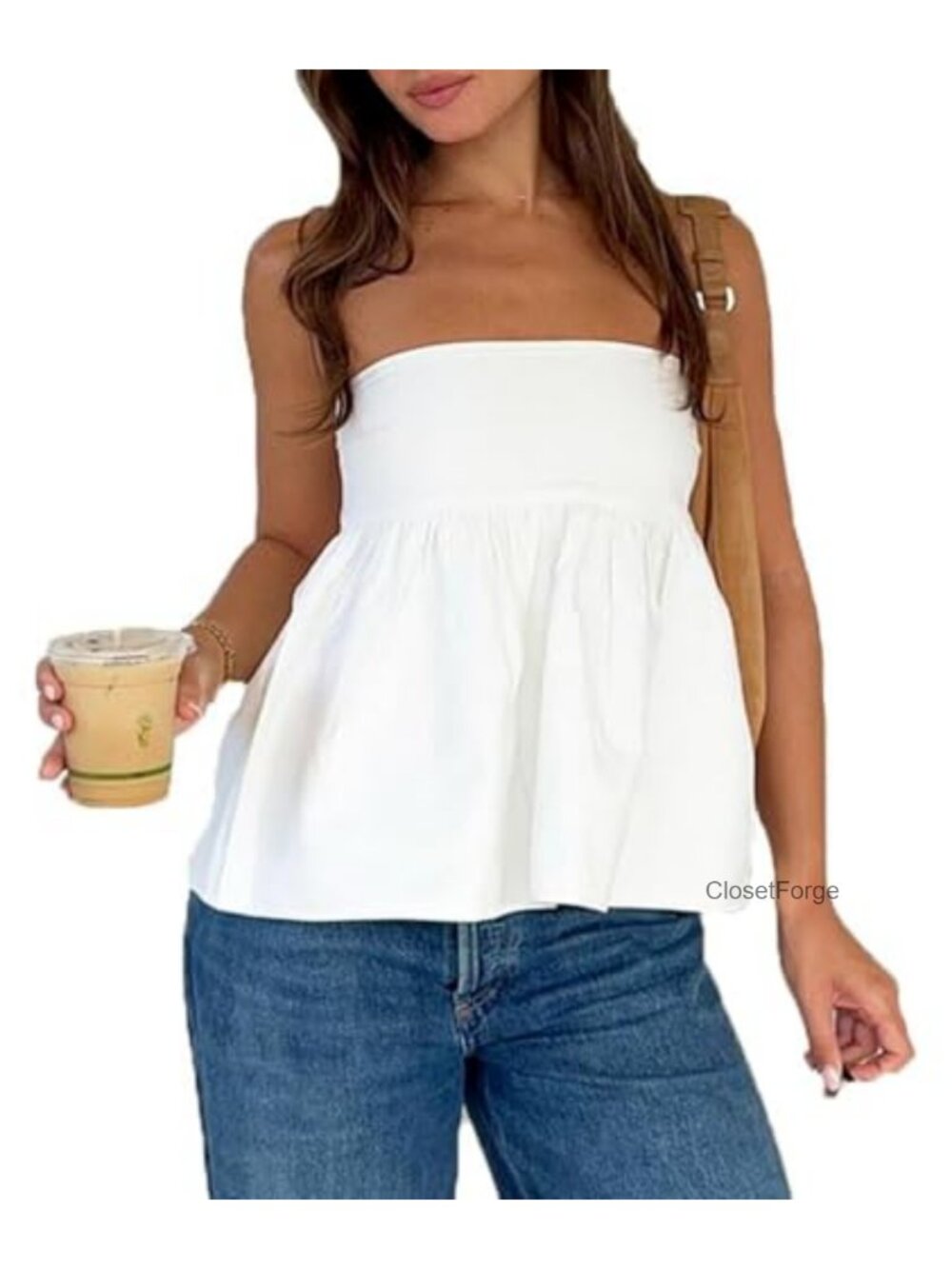 Cotton Blend Strapless Tube Top Flared Hem Peplum Y2K Summer Going Out Bandeau